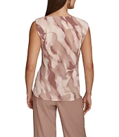 Donna Karan Mink Combo Printed Crepe Jersey Gold Hardware Twist Front Asymmetrical Neck Sleeveless Top