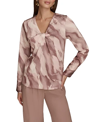 Donna Karan Mink Combo Printed Satin Twist Front V-Neck Long Sleeve Blouse