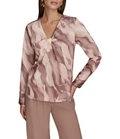 Donna Karan Mink Combo Printed Satin Twist Front V-Neck Long Sleeve Blouse