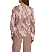 Donna Karan Mink Combo Printed Satin Twist Front V-Neck Long Sleeve Blouse