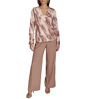 Donna Karan Mink Combo Printed Satin Twist Front V-Neck Long Sleeve Blouse