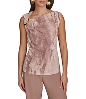 Donna Karan Mink Multi Printed Crepe Jersey Gold Hardware Twist Front Asymmetrical Neck Sleeveless Top