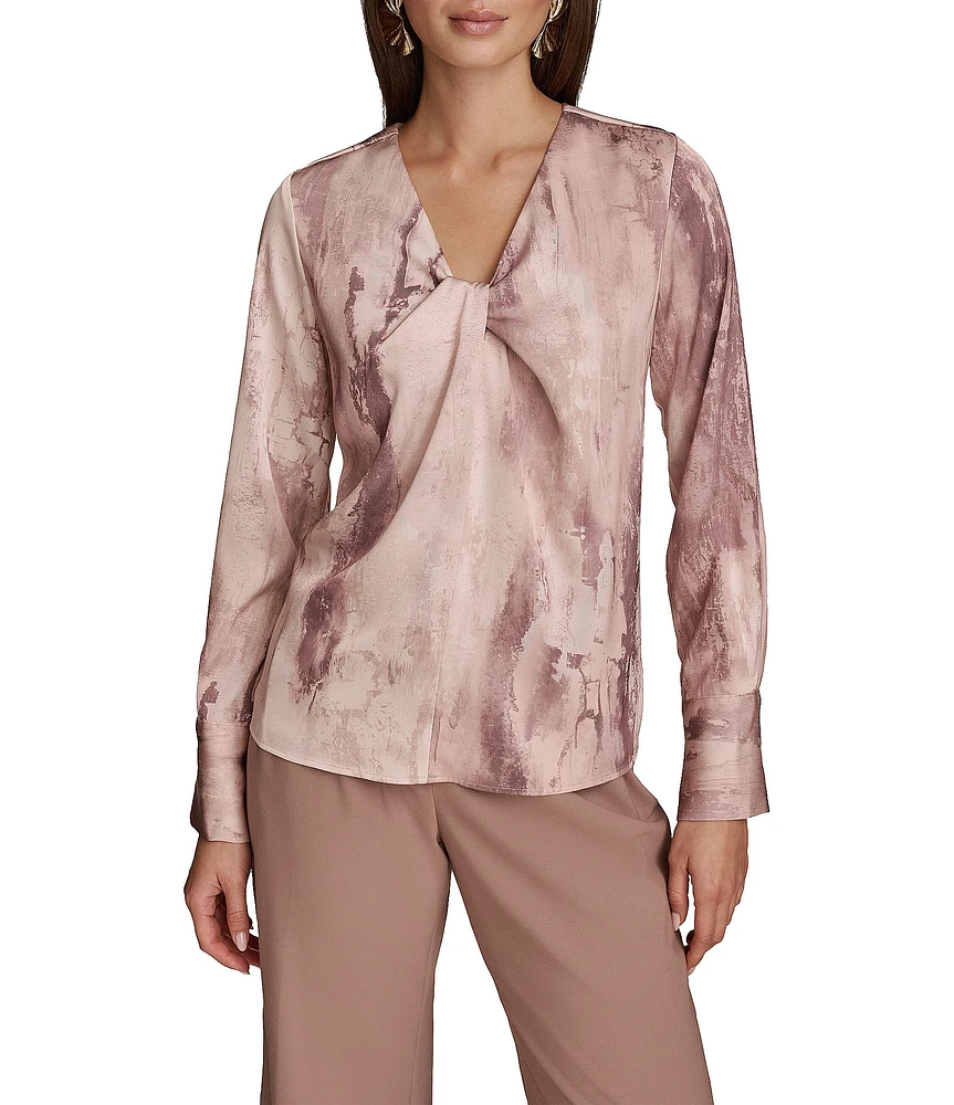 Donna Karan Mink Multi Printed Satin Twist Front V-Neck Long Sleeve Blouse