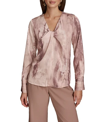 Donna Karan Mink Multi Printed Satin Twist Front V-Neck Long Sleeve Blouse