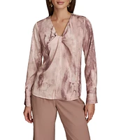 Donna Karan Mink Multi Printed Satin Twist Front V-Neck Long Sleeve Blouse