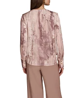 Donna Karan Mink Multi Printed Satin Twist Front V-Neck Long Sleeve Blouse