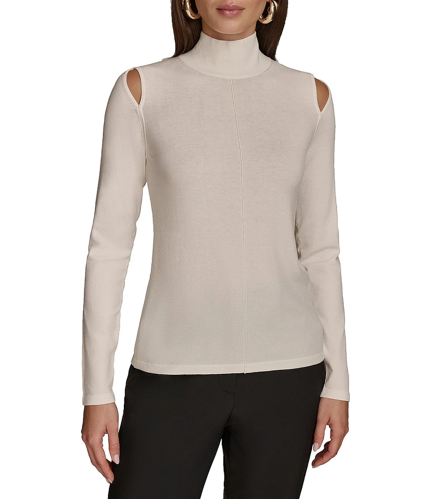 Donna Karan Mock Neck Shoulder Cut-Out Long Sleeve Sweater