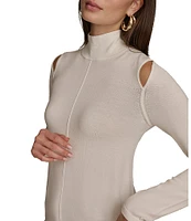 Donna Karan Mock Neck Shoulder Cut-Out Long Sleeve Sweater