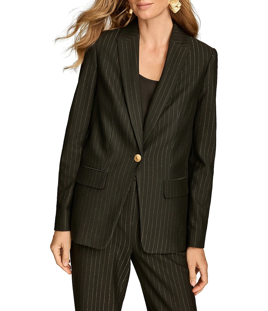 Donna Karan Novelty Pin Stripe Peak Lapel Long Sleeve Gold Button Blazer