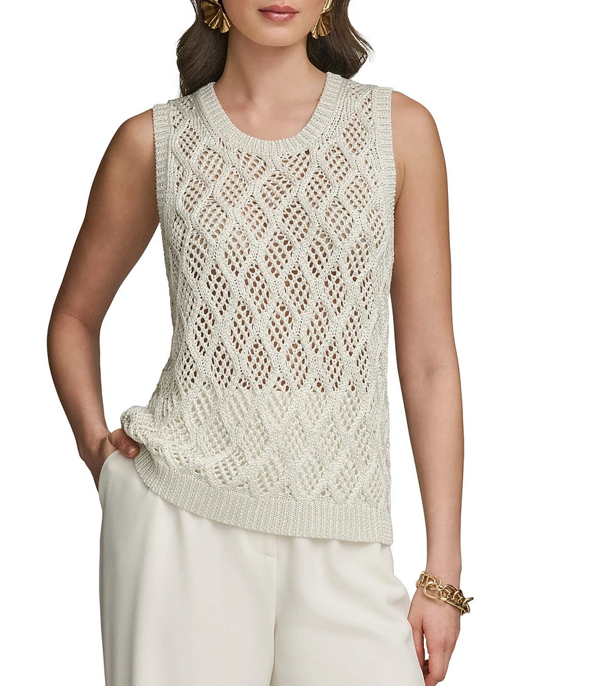 Donna Karan Open Knit Diamond Pattern Crew Neck Sleeveless Tank