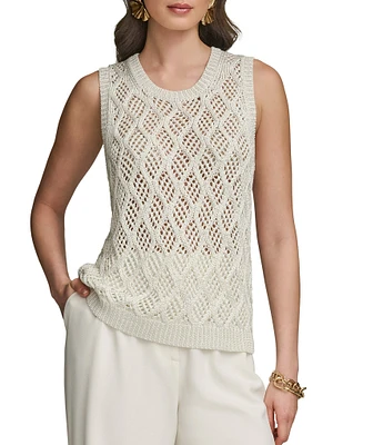 Donna Karan Open Knit Diamond Pattern Crew Neck Sleeveless Tank