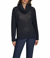 Donna Karan Open-Knit Sequin Detailed Cowl Neck Long Sleeve Sweater