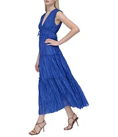 Donna Karan Petite Size Organza V Neck Sleeveless Front Tie Sheath Maxi Dress