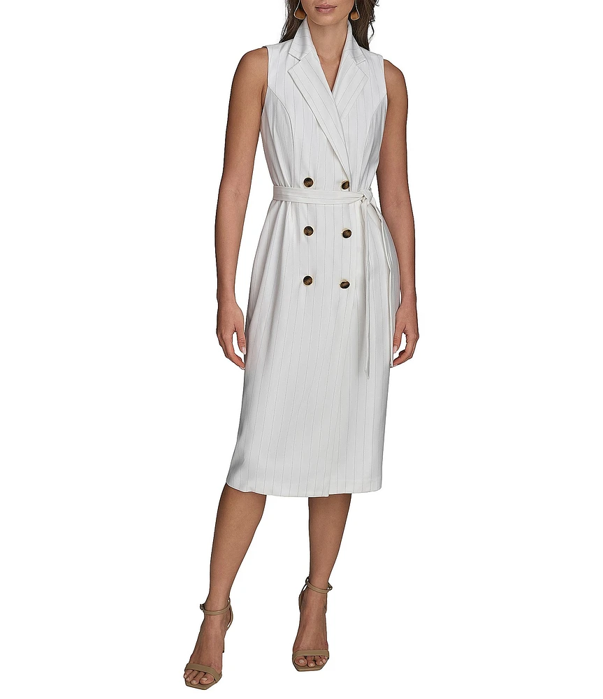 Donna Karan Pinstripe Collared V-Neck Sleeveless Tie Sash Midi Sheath Dress