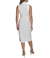 Donna Karan Pinstripe Collared V-Neck Sleeveless Tie Sash Midi Sheath Dress