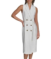 Donna Karan Pinstripe Collared V-Neck Sleeveless Tie Sash Midi Sheath Dress