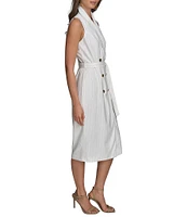 Donna Karan Pinstripe Collared V-Neck Sleeveless Tie Sash Midi Sheath Dress
