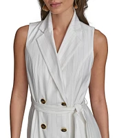 Donna Karan Pinstripe Collared V-Neck Sleeveless Tie Sash Midi Sheath Dress