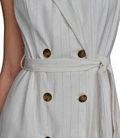 Donna Karan Pinstripe Collared V-Neck Sleeveless Tie Sash Midi Sheath Dress