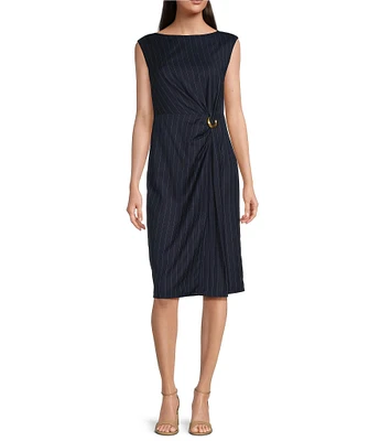 Donna Karan Pinstripe Crew Neck Cap Sleeve O-Ring Ruched Sheath Dress