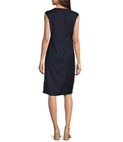 Donna Karan Pinstripe Crew Neck Cap Sleeve O-Ring Ruched Sheath Dress