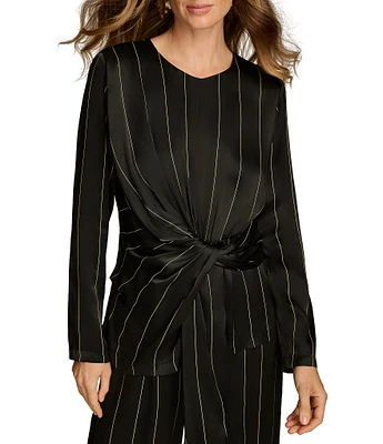 Donna Karan Pinstripe Crew Neck Long Sleeve Tie Waist Top