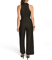 Donna Karan Pinstripe Point Collar V-Neck Sleeveless Wide Leg Tuxedo Jumpsuit