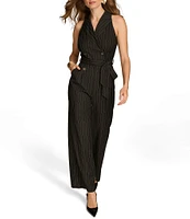 Donna Karan Pinstripe Point Collar V-Neck Sleeveless Wide Leg Tuxedo Jumpsuit