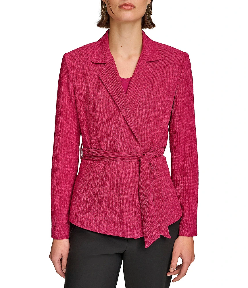 Donna Karan Plisse Notch Lapel Neck Long Sleeve Wrap Jacket