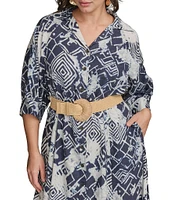 Donna Karan Plus Size Abstract Print Button Front Shirt Dress