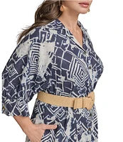 Donna Karan Plus Size Abstract Print Button Front Shirt Dress