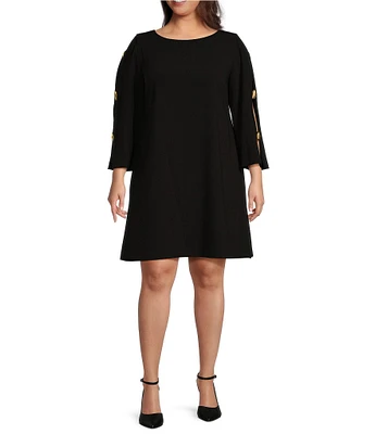 Donna Karan Plus Size Boat Neck Long Open Sleeve Cady Crepe Sheath Dress