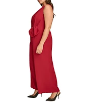 Donna Karan Plus Size Boat Neck Sleeveless Bow Tie Waist Wide Leg Jumpsuit