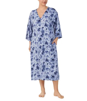 Donna Karan Plus Size Brushed Sweater Knit Floral Print 3/4 Sleeve V-Neck Sleepshirt