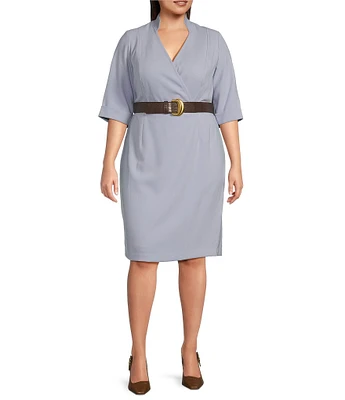 Donna Karan Plus Size Cady Crepe V-Neck Short Sleeve Belted Sheath Dress