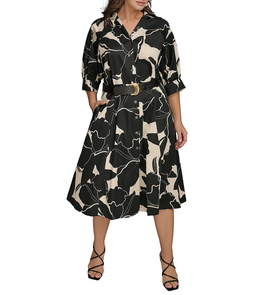Donna Karan Plus Size Collar Neck Elbow Sleeve Belted A-Line Cotton Sateen Midi Dress