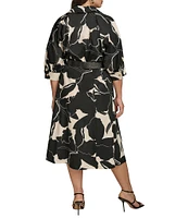 Donna Karan Plus Size Collar Neck Elbow Sleeve Belted A-Line Cotton Sateen Midi Dress