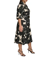Donna Karan Plus Size Collar Neck Elbow Sleeve Belted A-Line Cotton Sateen Midi Dress