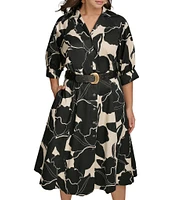 Donna Karan Plus Size Collar Neck Elbow Sleeve Belted A-Line Cotton Sateen Midi Dress