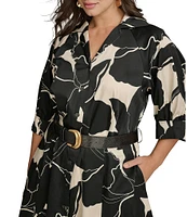 Donna Karan Plus Size Collar Neck Elbow Sleeve Belted A-Line Cotton Sateen Midi Dress