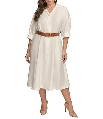 Donna Karan Plus Size Cotton Sateen Collared Neck Short Sleeve Belted Midi Shirt Dress