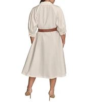 Donna Karan Plus Size Cotton Sateen Collared Neck Short Sleeve Belted Midi Shirt Dress