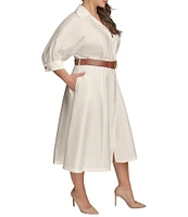 Donna Karan Plus Size Cotton Sateen Collared Neck Short Sleeve Belted Midi Shirt Dress