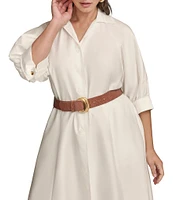 Donna Karan Plus Size Cotton Sateen Collared Neck Short Sleeve Belted Midi Shirt Dress