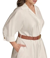 Donna Karan Plus Size Cotton Sateen Collared Neck Short Sleeve Belted Midi Shirt Dress