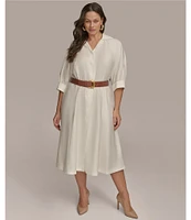 Donna Karan Plus Size Cotton Sateen Collared Neck Short Sleeve Belted Midi Shirt Dress