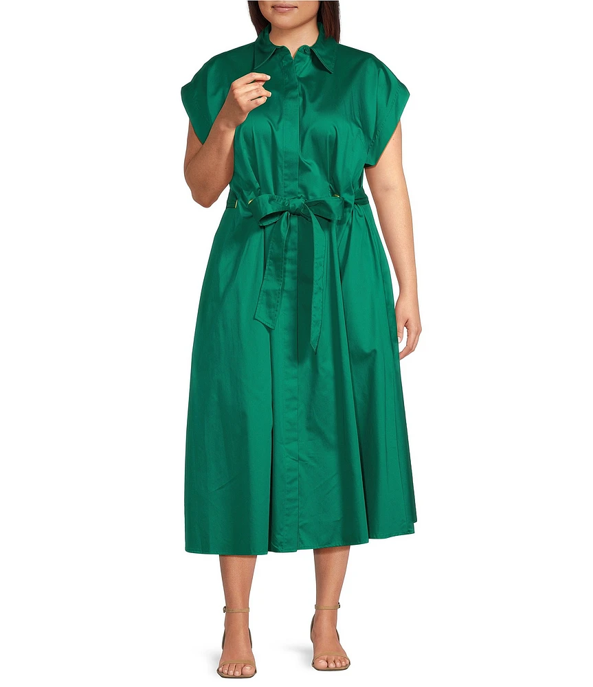 Donna Karan Plus Size Cotton Sateen Collared Neck Short Sleeve Tie Sash Belt Midi Shirt Dress