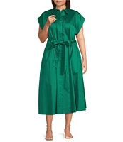 Donna Karan Plus Size Cotton Sateen Collared Neck Short Sleeve Tie Sash Belt Midi Shirt Dress