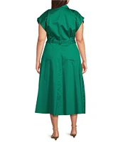 Donna Karan Plus Size Cotton Sateen Collared Neck Short Sleeve Tie Sash Belt Midi Shirt Dress