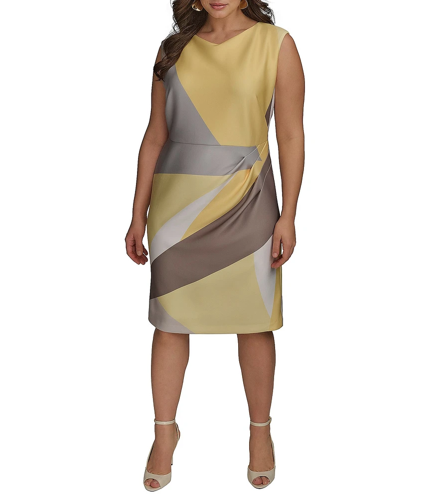 Donna Karan Plus Size Cowl Neck Placement Print Sleeveless Sheath Dress